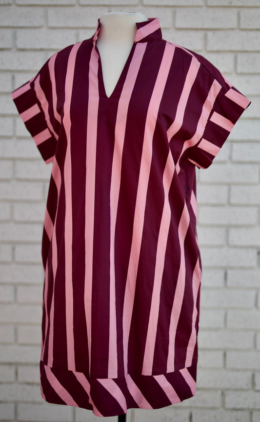 PLUM & PINK STRIPED COLLARED SHORT SLEEVE MINI DRESS