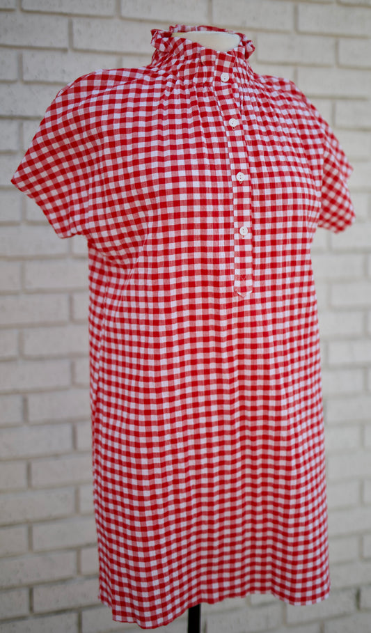 RED SEER GINGHAM SHIFT DRESS