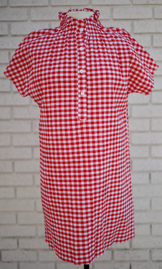 RED SEER GINGHAM SHIFT DRESS