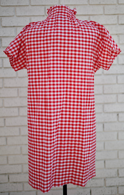 RED SEER GINGHAM SHIFT DRESS