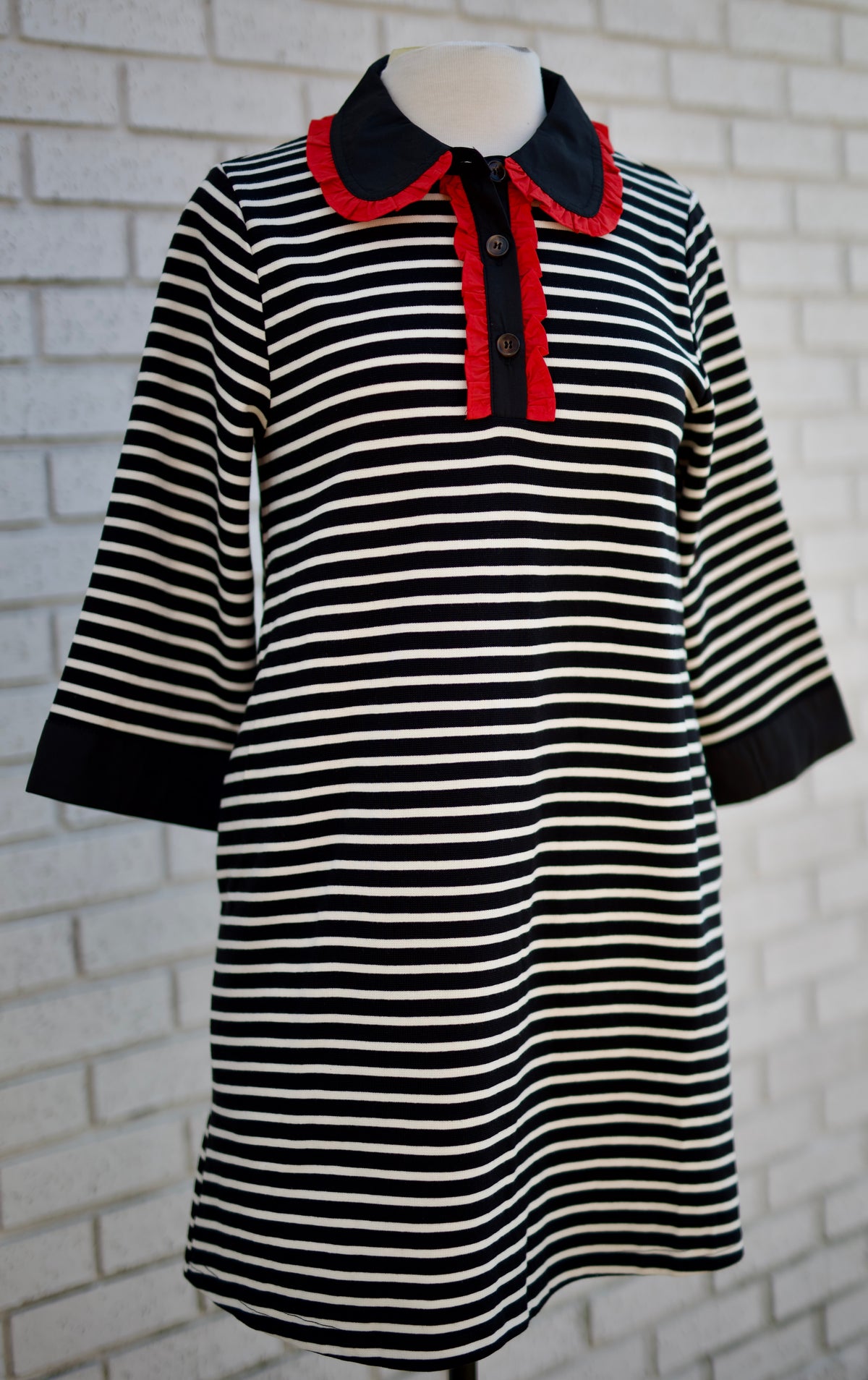 BLACK STRIPE 3/4 SLEEVE SHIFT DRESS WITH RED RUFFLE ACCENT