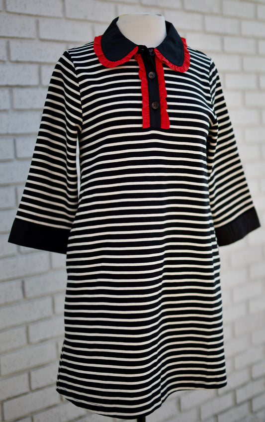 BLACK STRIPE 3/4 SLEEVE SHIFT DRESS WITH RED RUFFLE ACCENT