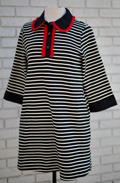 BLACK STRIPE 3/4 SLEEVE SHIFT DRESS WITH RED RUFFLE ACCENT