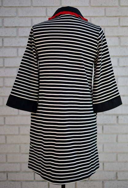 BLACK STRIPE 3/4 SLEEVE SHIFT DRESS WITH RED RUFFLE ACCENT