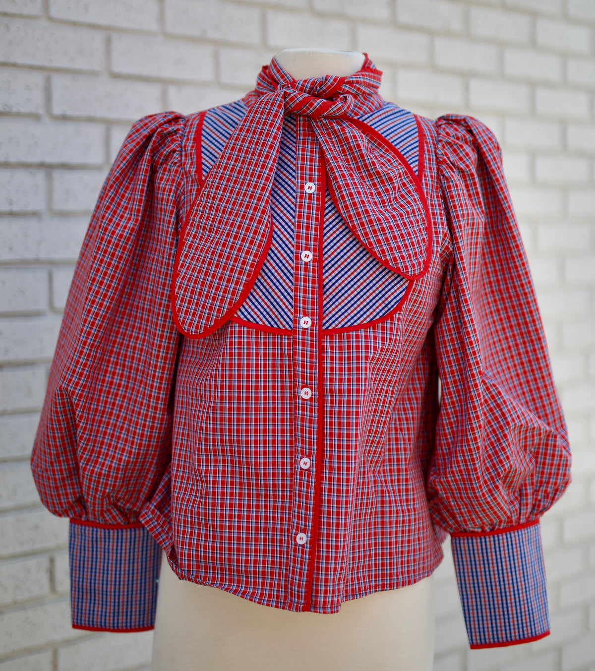 RED MIX BUTTON DOWN PLAID SHIRT WITH NECK ACCENT