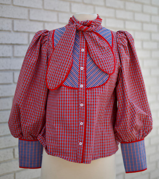 RED MIX BUTTON DOWN PLAID SHIRT WITH NECK ACCENT