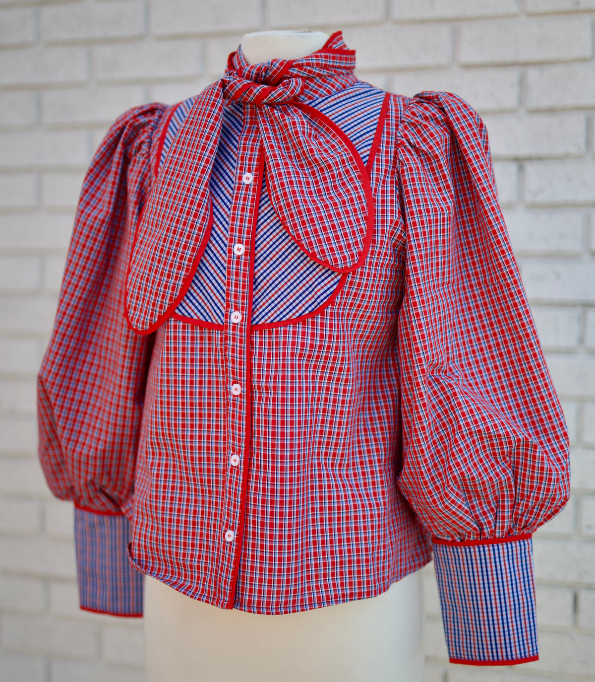 RED MIX BUTTON DOWN PLAID SHIRT WITH NECK ACCENT