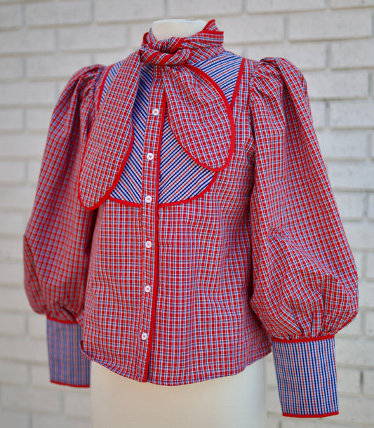 RED MIX BUTTON DOWN PLAID SHIRT WITH NECK ACCENT