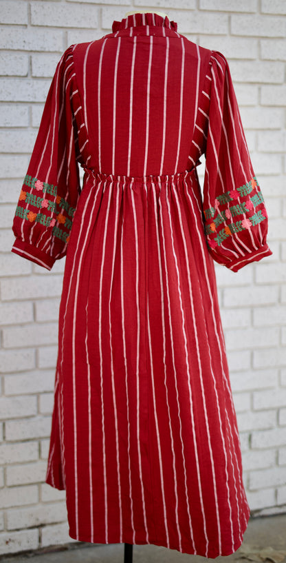 RED 3/4 PUFF SLEEVE PEASANT STILE STRIPED MIDI DRESS WITH EMBROIDERY