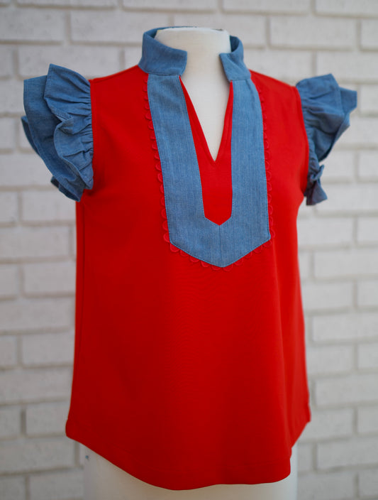 RUFFLE SLEEVE V-NECK TOP WITH DENIM CONTRAST