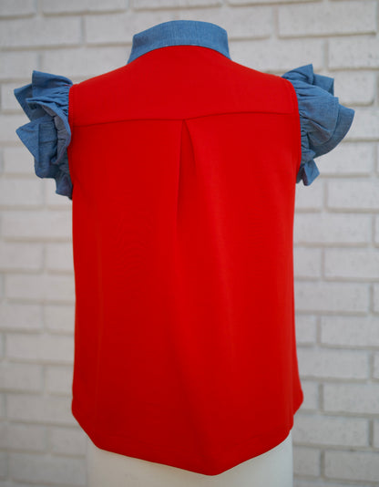 RUFFLE SLEEVE V-NECK TOP WITH DENIM CONTRAST