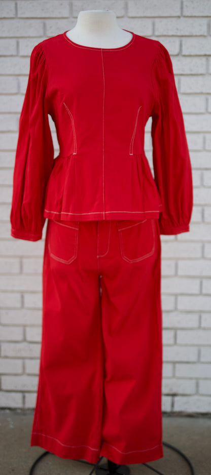 RED 2PC PEPLUM TOP & WIDE LEG PANT SET