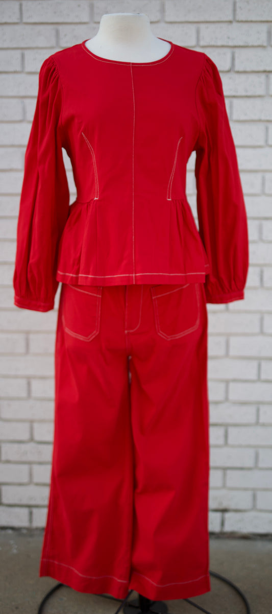 RED 2PC PEPLUM TOP & WIDE LEG PANT SET