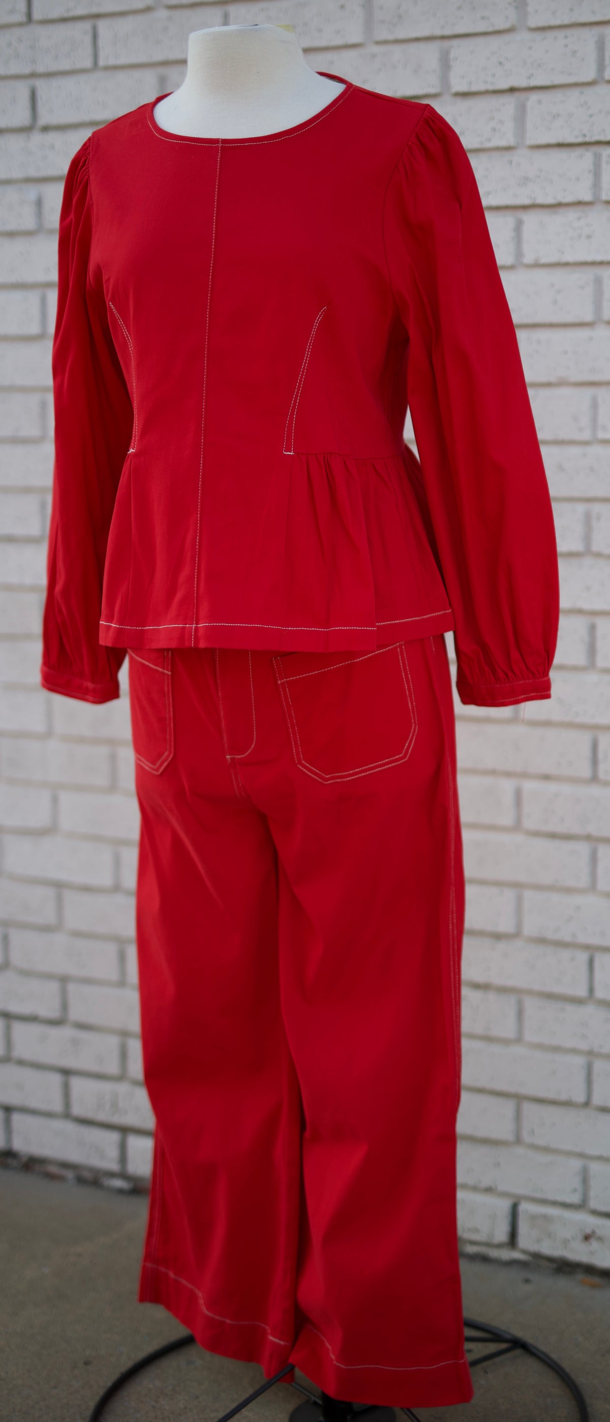 RED 2PC PEPLUM TOP & WIDE LEG PANT SET