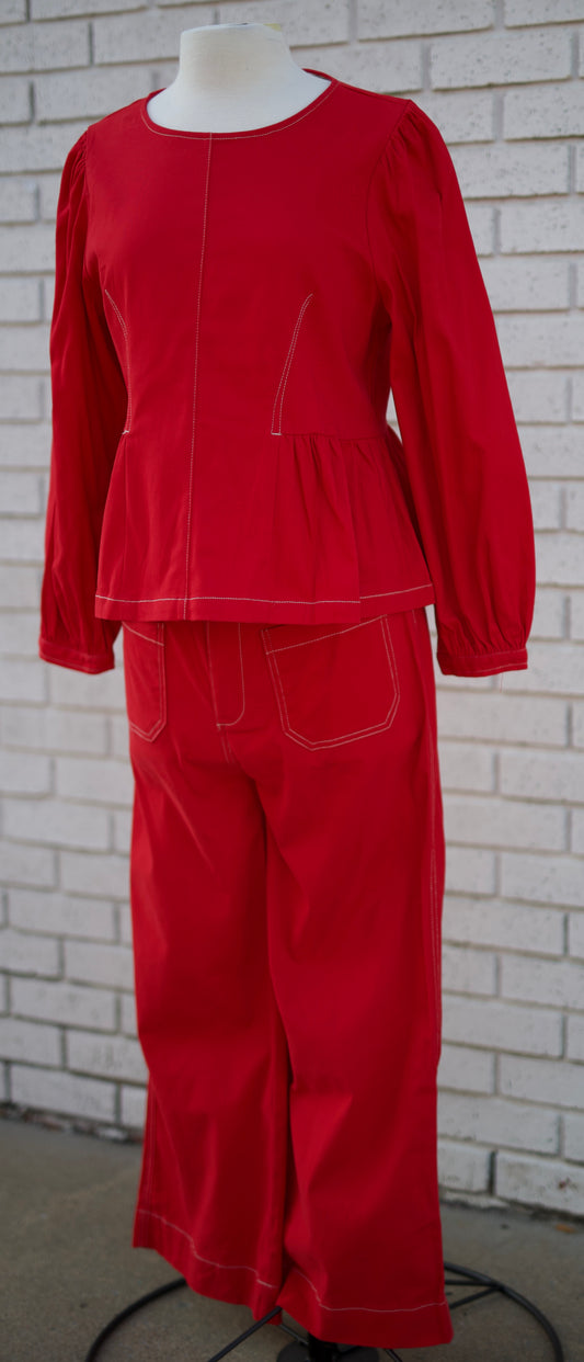 RED 2PC PEPLUM TOP & WIDE LEG PANT SET