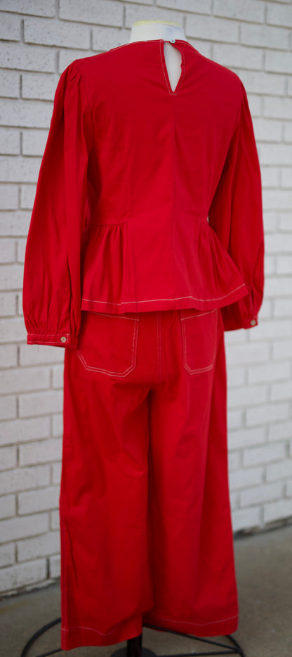 RED 2PC PEPLUM TOP & WIDE LEG PANT SET