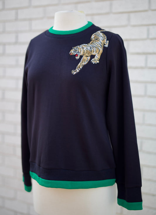 NAVY LONG SLEEVE TOP WITH TIGER EMBROIDERY