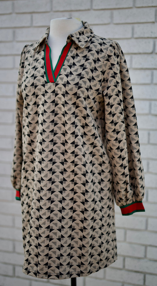 TAUPE LOG SLEEVE DRESS WITH GEOMETRIC PRINT & STRIPE CONTRAST TRIM