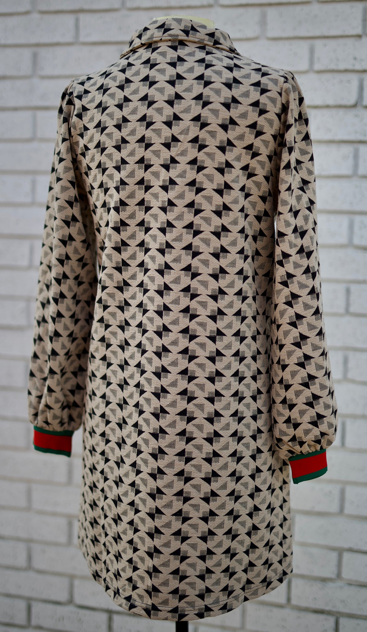 TAUPE LOG SLEEVE DRESS WITH GEOMETRIC PRINT & STRIPE CONTRAST TRIM