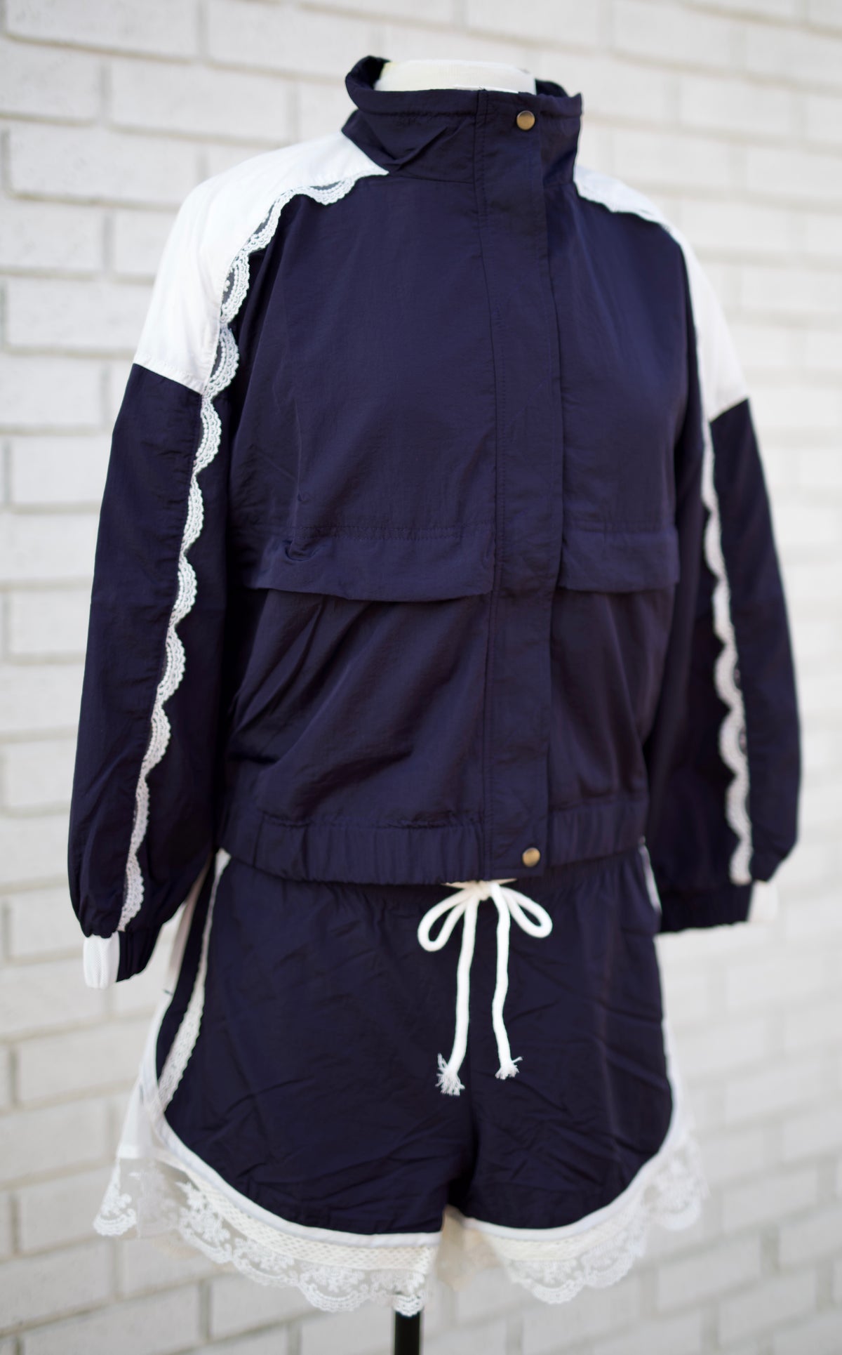 NAVY WITH LACE AND MESH INSET 2PC TRACK JACKET & SHORTS SET