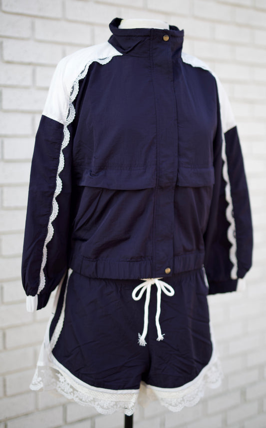 NAVY WITH LACE AND MESH INSET 2PC TRACK JACKET & SHORTS SET