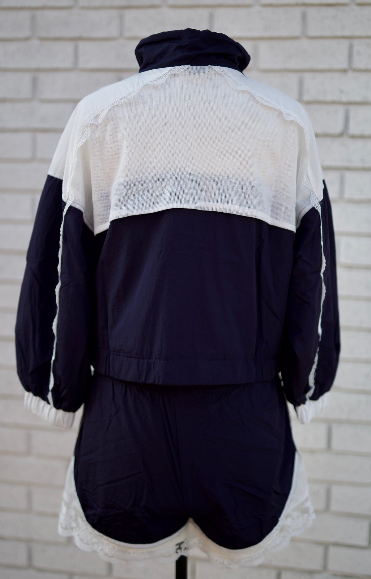 NAVY WITH LACE AND MESH INSET 2PC TRACK JACKET & SHORTS SET