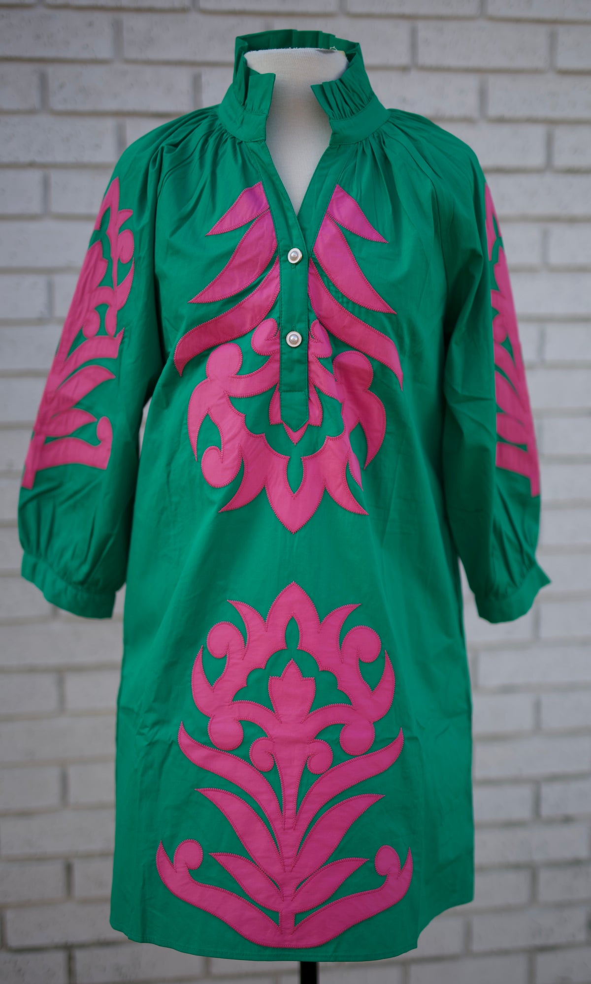 3/4 SLEEVE BAROQUE FLORAL SHIFT DRESS - ROSE/GREEN