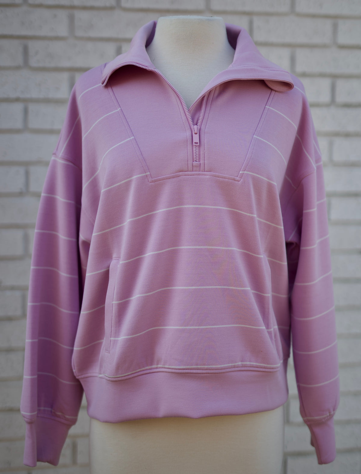 SPAN STRIPE QUARTER ZIP MOCK NECK PULLOVER - BLOSSOM/CREAM