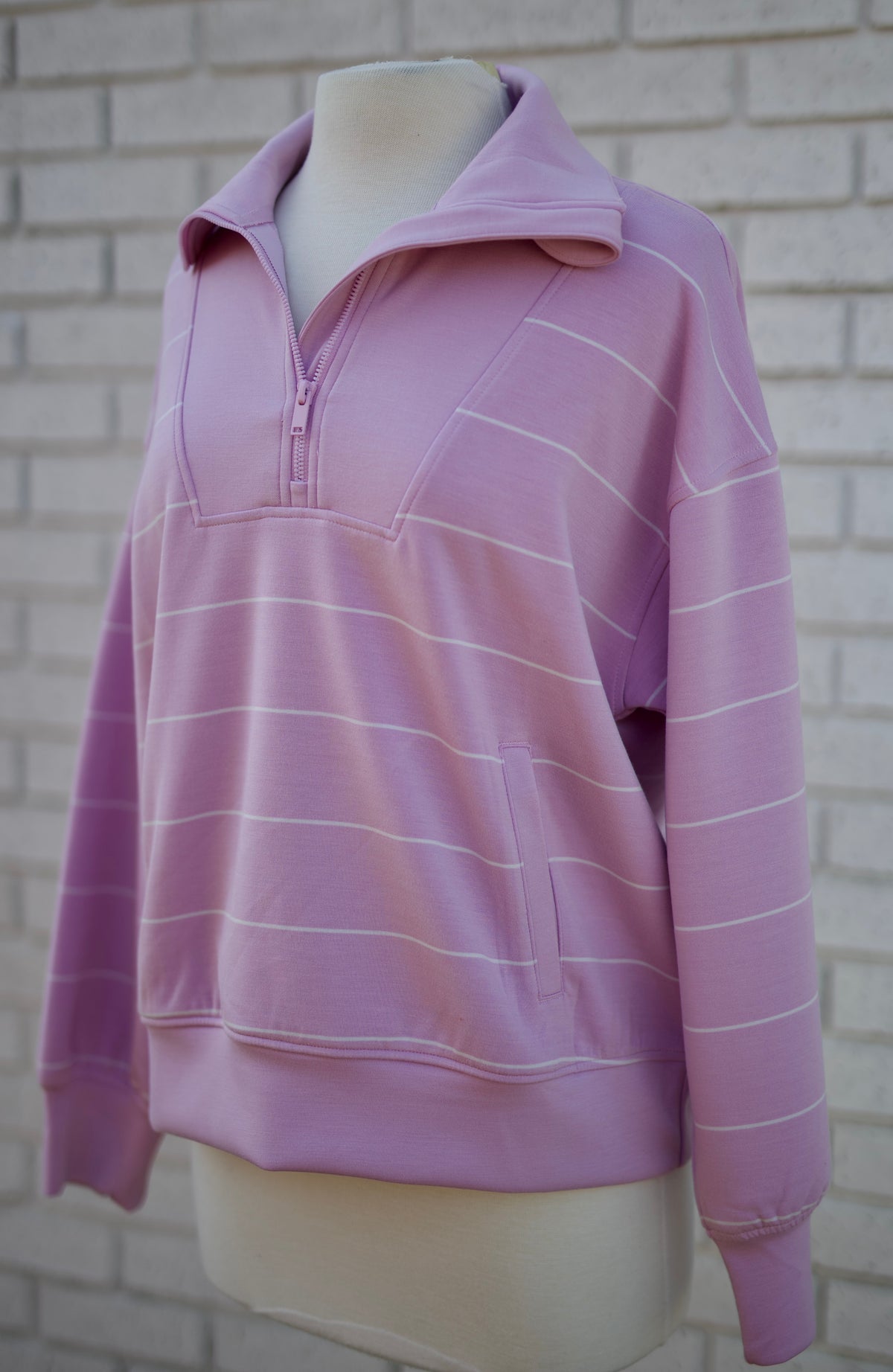 SPAN STRIPE QUARTER ZIP MOCK NECK PULLOVER - BLOSSOM/CREAM