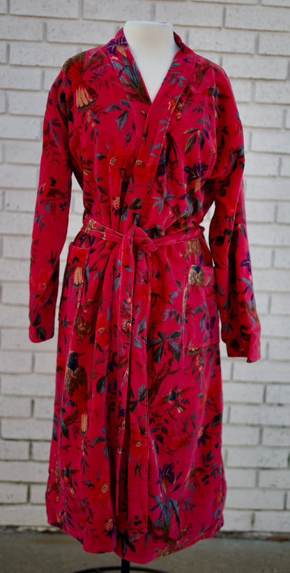FUCHSIA FULL LENGTH SELF TIE BELT KIMONO STYLE ROBE VELVET JACKET