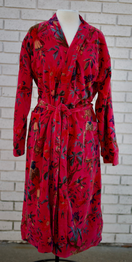 FUCHSIA FULL LENGTH SELF TIE BELT KIMONO STYLE ROBE VELVET JACKET