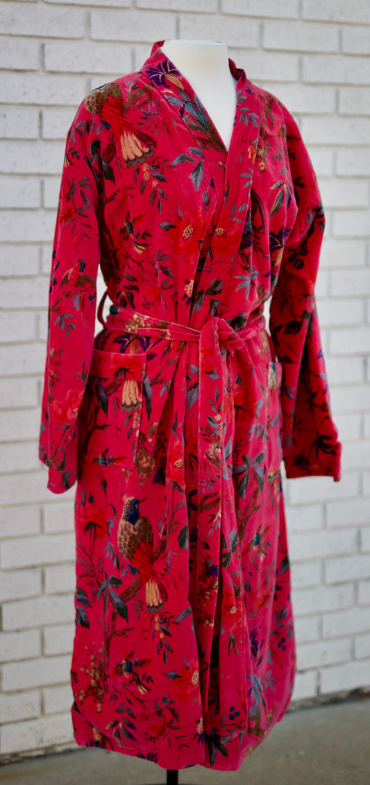FUCHSIA FULL LENGTH SELF TIE BELT KIMONO STYLE ROBE VELVET JACKET