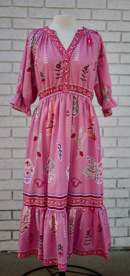 PINK FLORAL COLLAGE PRINT V-NECK MIDI DRESS