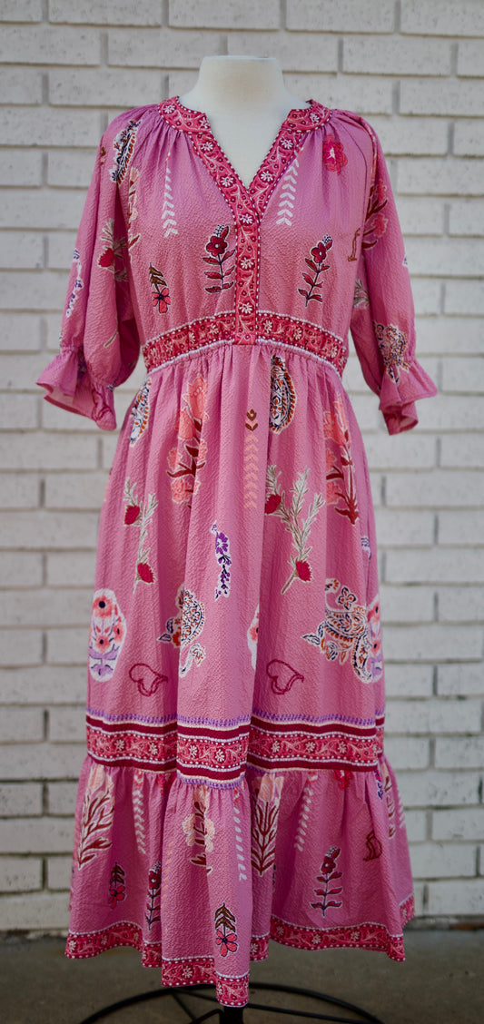 PINK FLORAL COLLAGE PRINT V-NECK MIDI DRESS