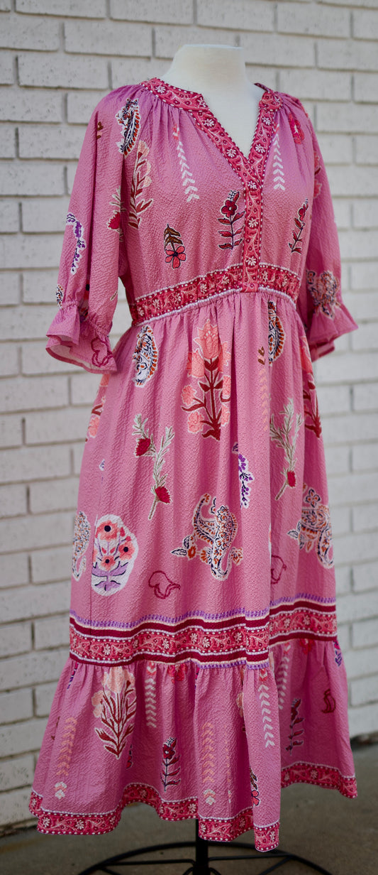 PINK FLORAL COLLAGE PRINT V-NECK MIDI DRESS