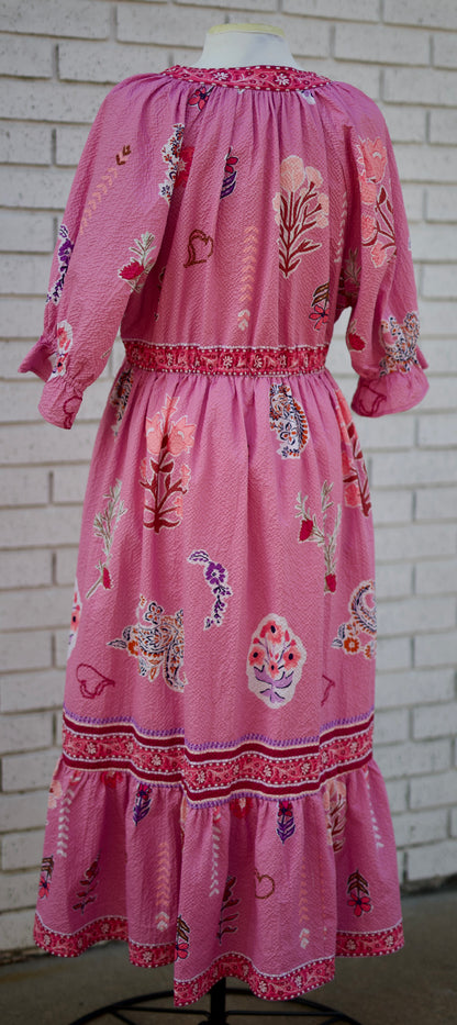 PINK FLORAL COLLAGE PRINT V-NECK MIDI DRESS