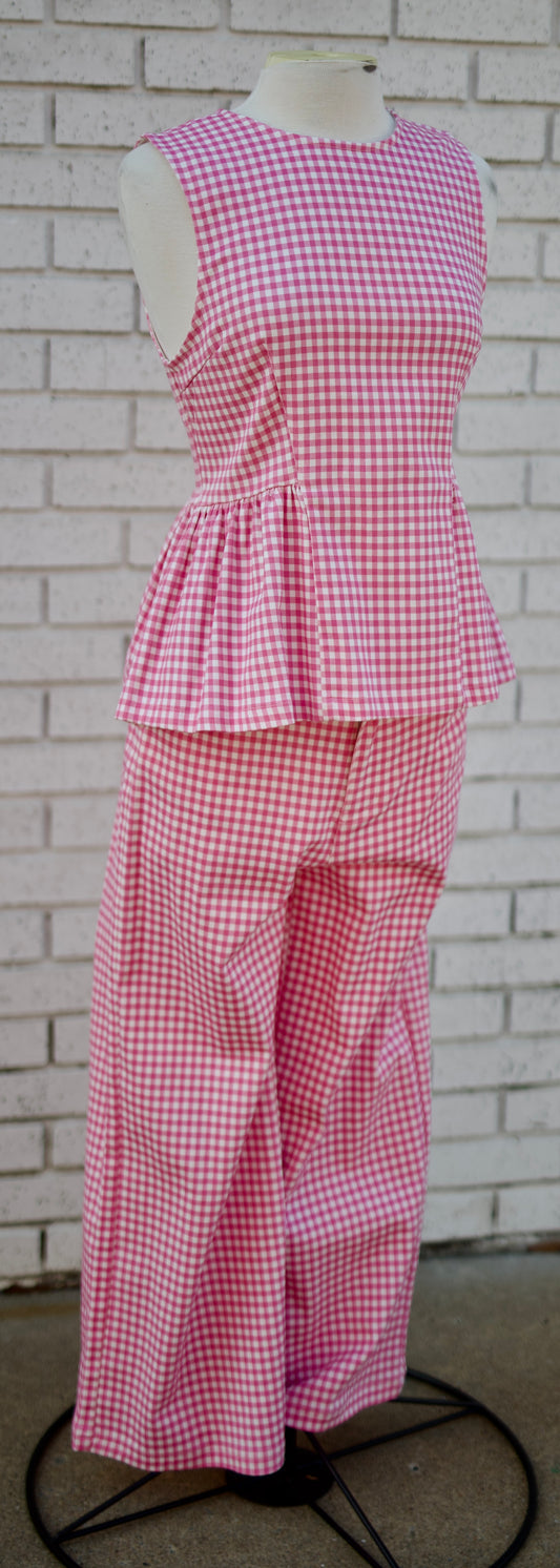 PINK GINGHAM PEPLUM TOP & STRAIGHT LEG PANTS