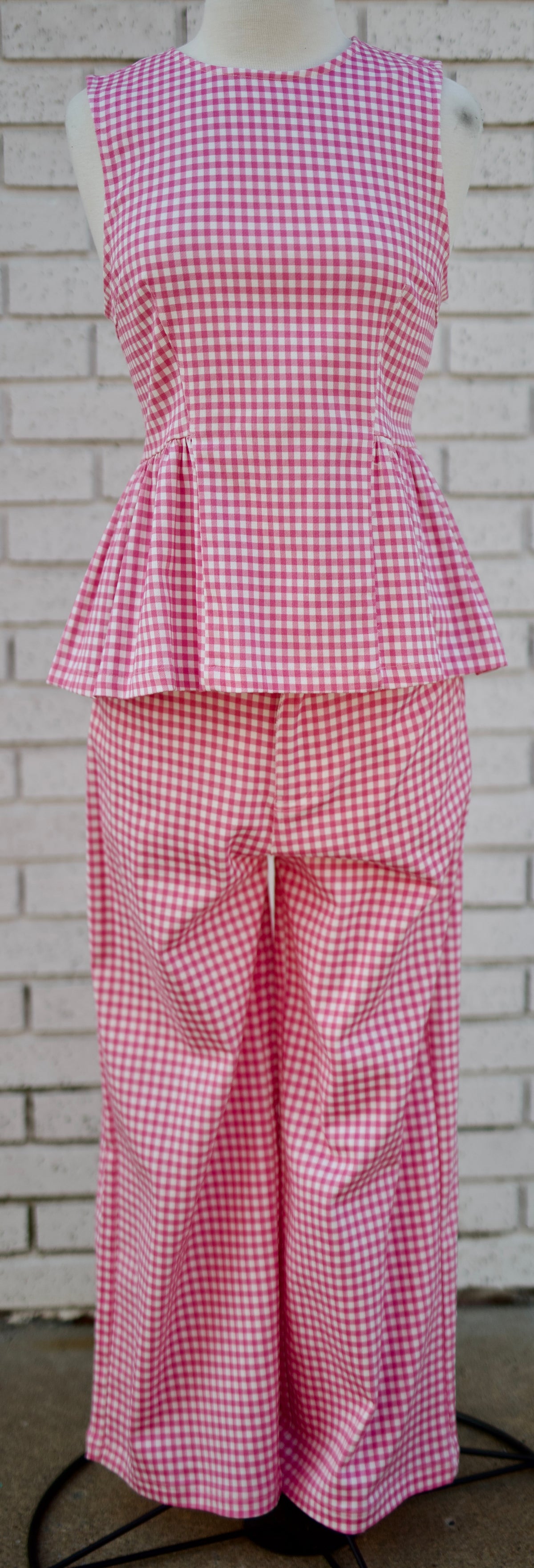 PINK GINGHAM PEPLUM TOP & STRAIGHT LEG PANTS