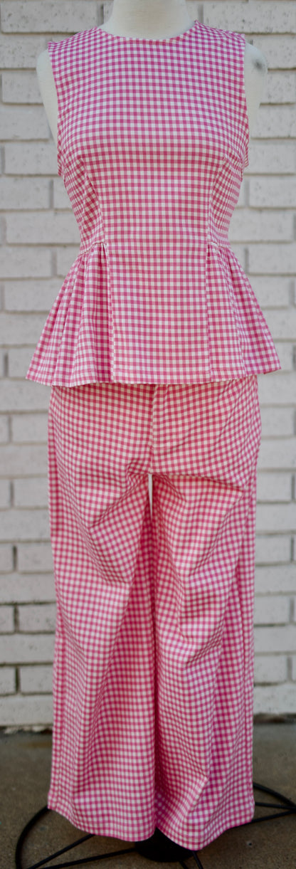 PINK GINGHAM PEPLUM TOP & STRAIGHT LEG PANTS