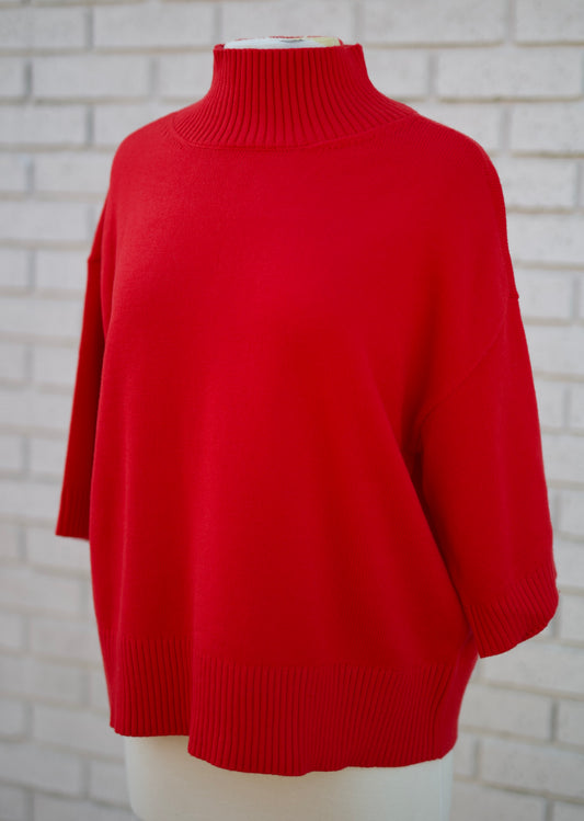 RED 3/4 SLEEVE MOCK TURTLENECK SWATER TOP