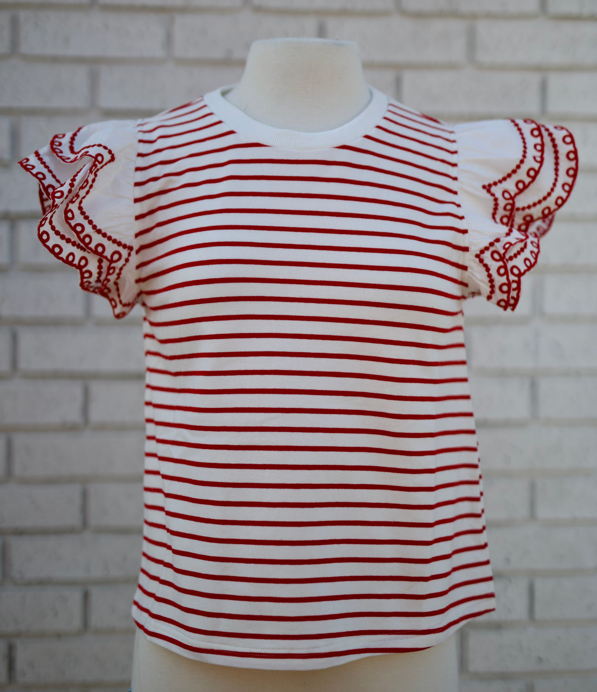 RED STRIPE FLUTTER SLEEVE TOP