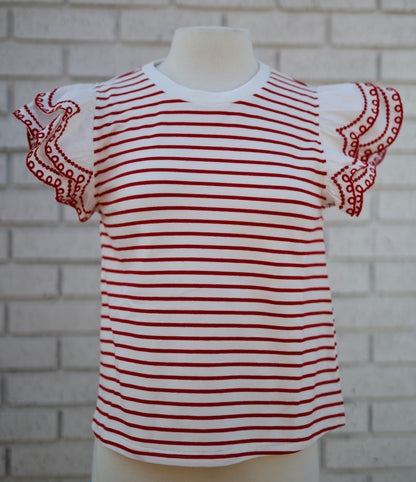RED STRIPE FLUTTER SLEEVE TOP