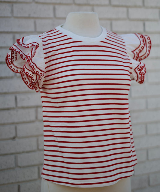 RED STRIPE FLUTTER SLEEVE TOP