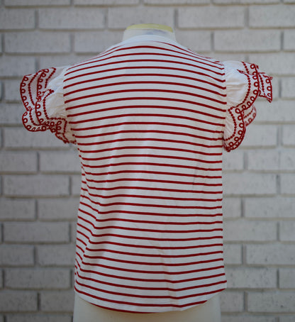 RED STRIPE FLUTTER SLEEVE TOP