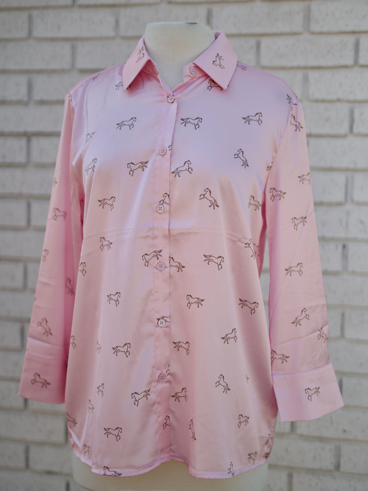 PINK SATIN HORSE MOTIFF 3/4 SLEEVE BUTTON BLOUSE