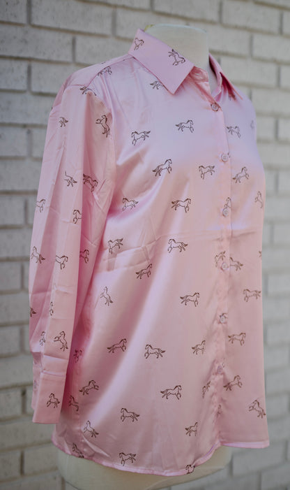 PINK SATIN HORSE MOTIFF 3/4 SLEEVE BUTTON BLOUSE