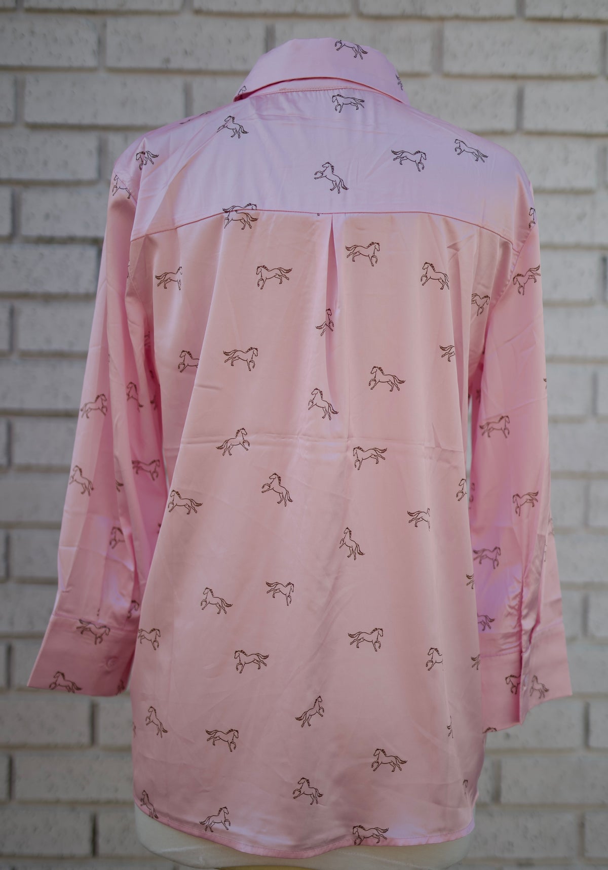 PINK SATIN HORSE MOTIFF 3/4 SLEEVE BUTTON BLOUSE