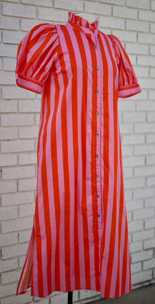 STRIPED PUFF SLEEVE BUTTON DOWN MIDI DRESS
