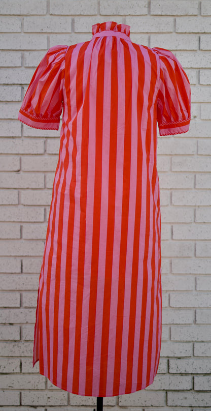 STRIPED PUFF SLEEVE BUTTON DOWN MIDI DRESS - Pharm Favorites by Economy Pharmacy