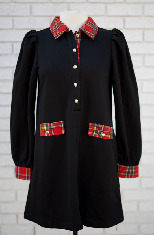 BLACK PUFF SHOULDER LONG SLEEVE SHIFT DRESS WITH PLAID ACCENT